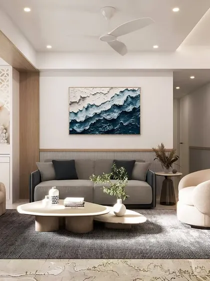 This 3D render shows a contemporary living room with a calming neutral palette. The design features a statement wallpaper in the crockery console area and a textured paint backsplash for the TV unit.