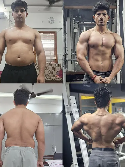 A comprehensive four-panel image showing Deepak's front and back transformation, providing a complete 360-degree view of his progress.