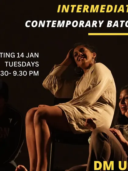 Our Intermediate Contemporary batch is for seasoned movers. These classes, held on Tuesday evenings, are designed to challenge and inspire.