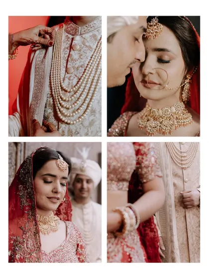 A collage of intimate details and moments from Priya and Nishant's wedding, from getting ready to quiet embraces.