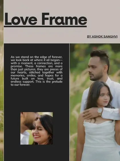 A sophisticated 'Love Frame' layout showcasing Nirav and Alpi's story. The design combines beautiful portraits with text that tells the story of their journey towards forever.