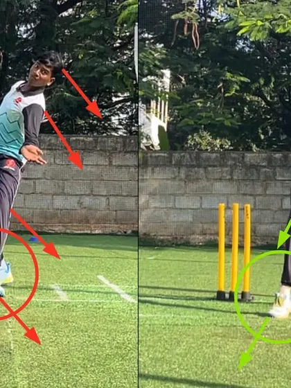 A clear view of the improved body alignment for this off spinner. By fixing the body collapse, we helped him achieve a much more powerful and consistent bowling action.