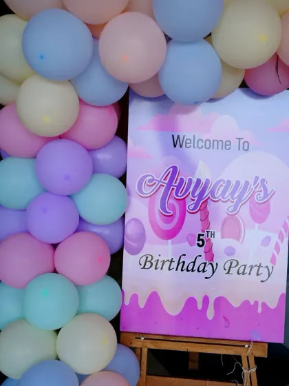 A close-up of the welcome sign for Avyay's pastel-themed 5th birthday party. Every detail is coordinated to match the sweet and dreamy candy aesthetic.