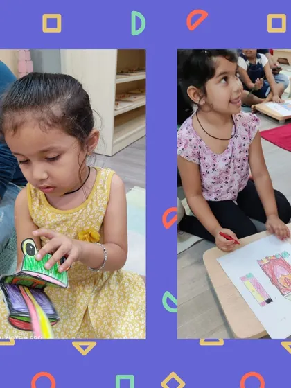 A child proudly shows off her finished frog puppet with a long, colorful tongue. This simple paper craft becomes a fun toy for imaginative play later on.