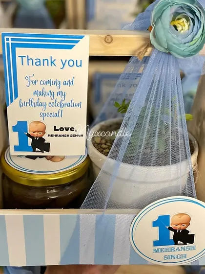 A closer view of the Boss Baby hamper, showing the personalized details on the jar and the custom sticker. We ensure every element aligns perfectly with your chosen theme.