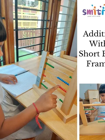 A student uses the Short Bead Frame, an abacus-like tool, to solve addition problems. This material bridges the gap between concrete materials and abstract calculation.