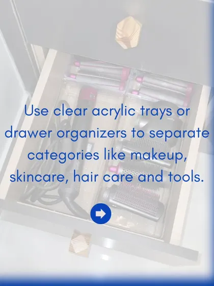 This series of tips shows how to transform your dressing table. Start by decluttering, then use turntables for perfumes, clear trays for daily essentials, and labeled bins for lesser-used items.