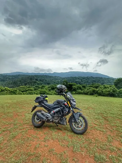 A Dominar parked on a grassy hilltop overlooking the forests of Karnataka. Our weekend rides often lead us to beautiful, secluded spots like this.