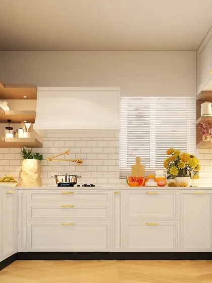 Another view of a classic all-white kitchen, featuring shaker-style cabinets and a subway tile backsplash. The open shelving and glass-front cabinets provide opportunities for decorative storage.