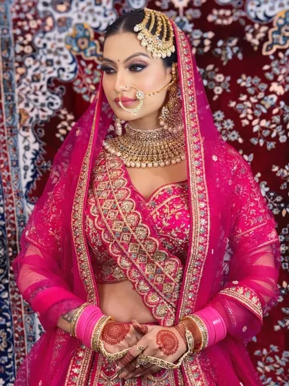 Another angle of this bride's look, showing how the makeup complements her features and her outfit.