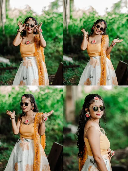 A collage of a bride's fun and quirky solo portraits, showing off her cool sunglasses and playful attitude during her Haldi.