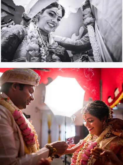 A collage showing the emotional gravity of the wedding ceremony. From a candid black and white shot of the bride to the gentle placement of the sacred thread, we document the full spectrum of feelings.