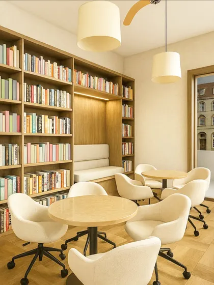 We create a variety of seating options to support different learning styles. This corner of the library features small group tables with movable chairs and a comfortable built-in reading nook with its own dedicated lighting.