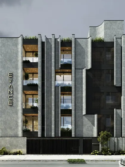 This perspective of 'Evance' highlights the curved corners and the depth of the facade elements. The design is a testament to creating innovative, timeless forms for urban residential living.