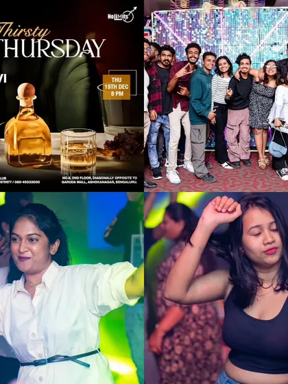 A collage for 'Thirsty Thursday' at Nolimmits, showing the event poster and the party crowd.