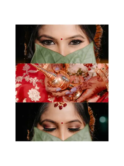 An artistic triptych focusing on the bride's expressive eyes and hands during a ritual, highlighting the beauty in the details.