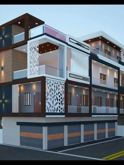 A design for a mixed-use building, featuring commercial shops on the ground floor and residential apartments above. The facade is dynamic, with varied materials, geometric screens, and multiple balconies to create a vibrant urban structure.