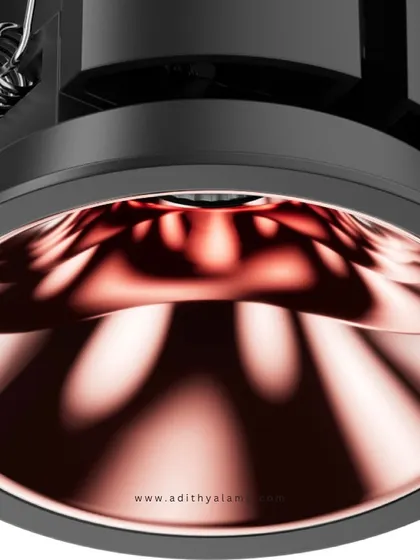 A close-up of our high-quality downlight with a rose-gold reflector. These fixtures are designed to provide a soft, glare-free wall wash effect, making them a staple for creating a professional and inviting ambiance in both residential and corporate settings.