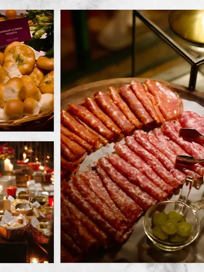 A collage showing different elements of a grazing table, from freshly baked breads to a platter of carefully sourced deli-style meats like salami and pepperoni.