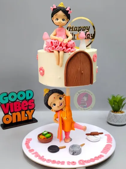 A special anti-gravity cake showing a 'nani' lifting her princess granddaughter. This design, created for a student's mother, beautifully captures the strength and love of family.