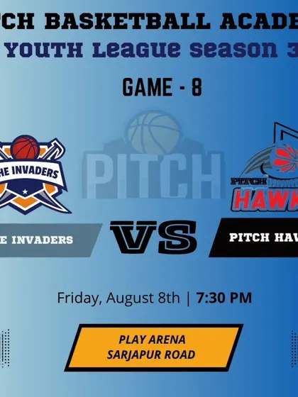 The game announcement for a firey Game 8, with The Invaders going head-to-head with the Pitch Hawks.