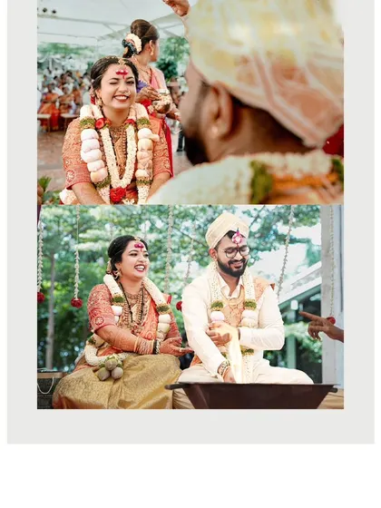 A collage of candid moments from the wedding ceremony, capturing the couple's genuine smiles and the joyful atmosphere.