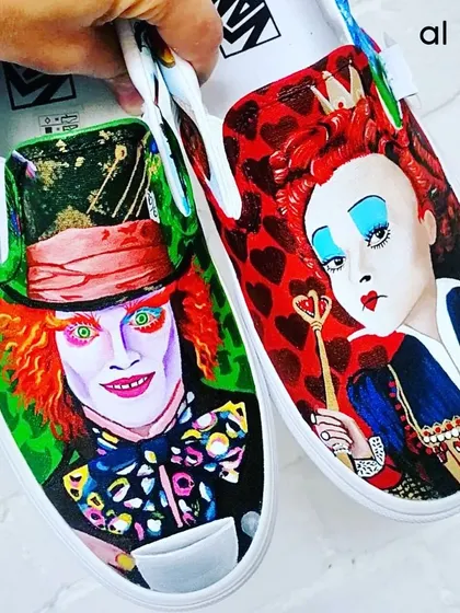 Here is another look at the finished "Alice in Wonderland" custom shoes. The pairing of the Mad Hatter and the Queen of Hearts creates a fun, narrative-driven design that stands out.