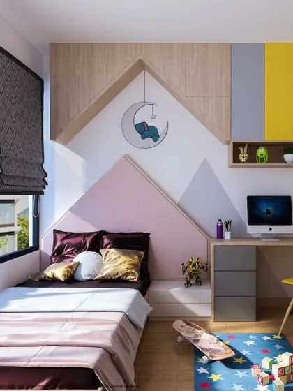 A playful room with a mountain-themed wall design that incorporates the bed's headboard and overhead storage. The desk is neatly tucked into the corner.