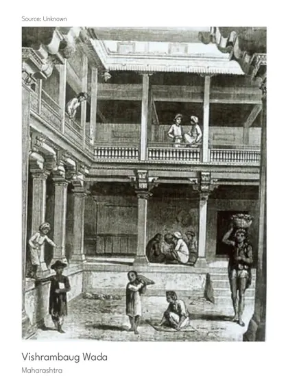 A historical sketch of the Vishrambaug Wada in Maharashtra. We draw deep inspiration from such vernacular precedents, studying their climate-responsive and social aspects to inform our modern designs.