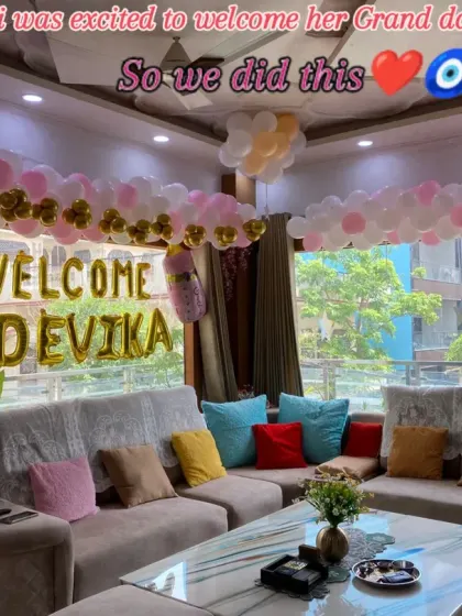 A grandmother's love is so special, and I was honored to create this welcome decor for her granddaughter, Devika. The living room is filled with pink, white, and gold balloons, creating a warm and celebratory homecoming.