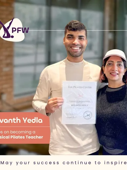 Kudos to Revanth Yedla on becoming a certified Classical Pilates Teacher. After a sports injury, he discovered the power of Pilates for rehabilitation. Now, as a teacher, he is set to inspire others with his knowledge and passion.