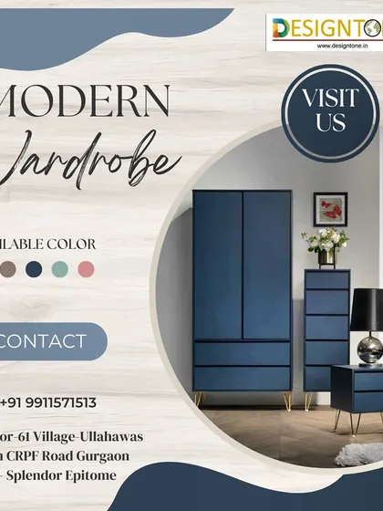 An advertisement for our modern wardrobe designs, showing a stylish blue wardrobe set with matching chest of drawers and nightstand, featuring elegant gold legs.