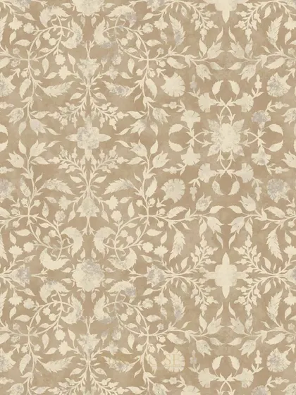A detailed swatch of the 'Baklava' wallpaper, inspired by Ottoman design. The pattern features a gentle, repeating floral jaal in soft, warm beige tones, creating a subtle and sophisticated texture.