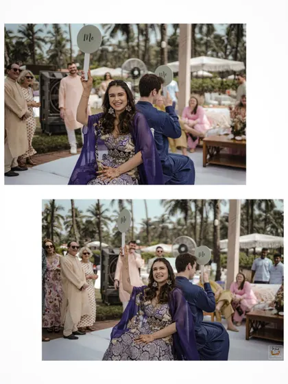 The couple playing a fun shoe game at their Mehndi ceremony in Goa.