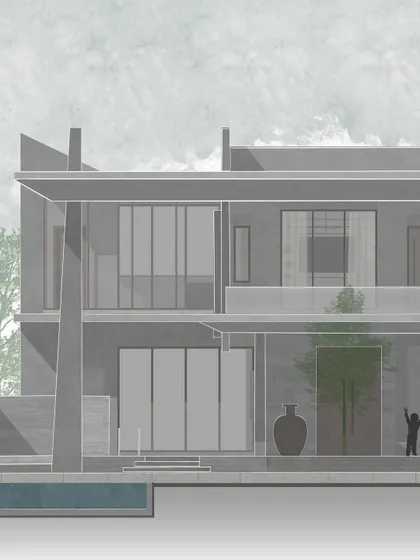 A sectional drawing that cuts through the House Around the Oblique Column. This view reveals the interior volumes, the double-height spaces, and the connection between different levels.