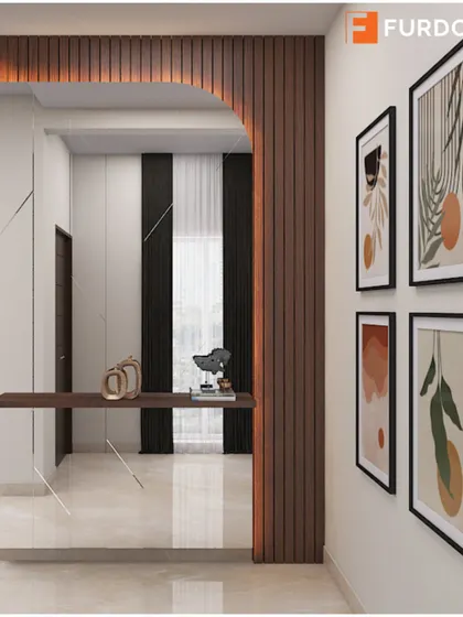 This modern foyer uses a fluted wood archway and a minimalist console table to create a striking and artistic entrance.