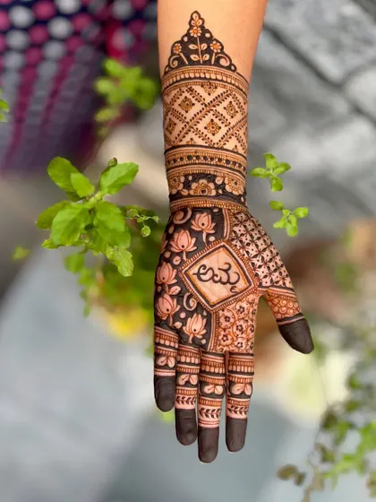 A close-up of one hand, focusing on the "Amma" (Mother) script and surrounding lotus patterns.