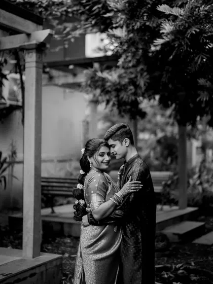 A classic black and white embrace. This timeless portrait of Apeksha and Rutwij at their Pune engagement captures the romance of the day.