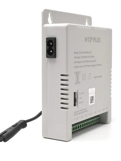 A reliable power supply is crucial for a stable CCTV system. I use branded SMPS units like this 8-channel, 12V 10A model from CP Plus to ensure every camera receives consistent power without fluctuations.