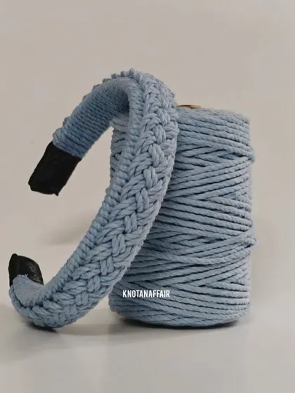 Another shot of the denim blue macrame hairband, showing the texture and quality of the handmade piece. These can be customized in any color you like.