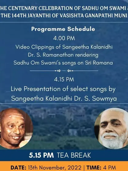 The program schedule for a special event in Chennai celebrating the centenary of Sadhu Om Swami. The event featured a live presentation of his songs by a renowned Sangeetha Kalanidhi.