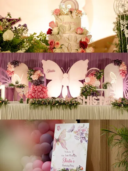 A collage showcasing the details of a butterfly-themed party, from the multi-tiered cake to the elegant welcome sign and the stunning butterfly backdrop.