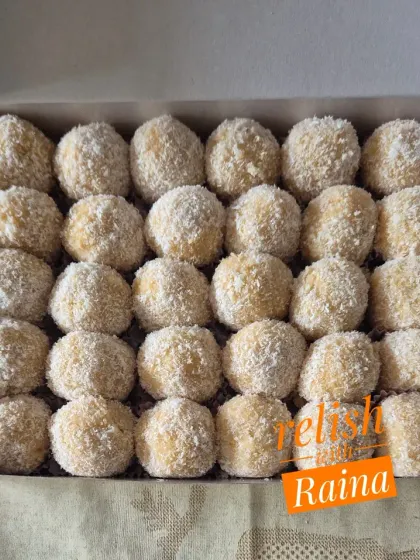 My soft and delicious Coconut Laddoos. I make these with fresh full-cream milk and desiccated coconut, and they can be sweetened with either sugar or jaggery based on your preference.