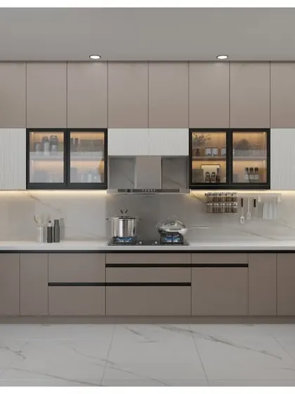 A wide-angle 3D view showing the extensive storage in a large kitchen. The design includes multiple drawers and cabinets, ensuring a place for everything.