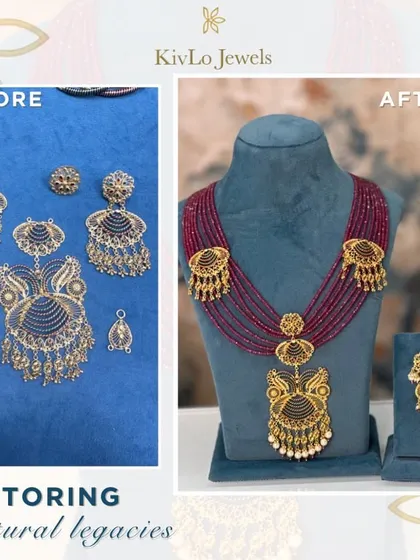 Restoring cultural legacies. This before-and-after shows a traditional silver-tone filigree set being completely reimagined into a heavy, gold-and-ruby bridal necklace, preserving the design's soul.