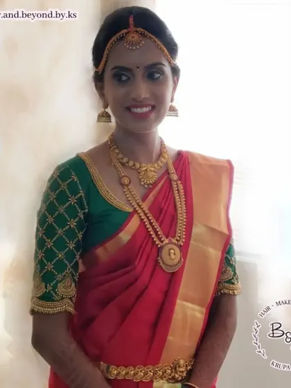 A full-color portrait of my beautiful South Indian bride. Here you can see the complete look, from the traditional braided hairstyle and makeup to the perfectly draped saree.