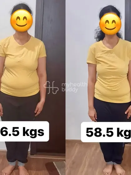 Front view of her 8 kg weight loss. She looks happy and confident in her new body.