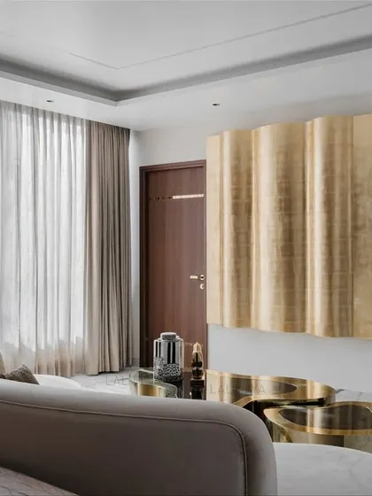 A beautifully appointed bedroom showcasing our signature style of quiet luxury. This space combines layered textures, a soothing color palette, and bespoke furniture to create a personal sanctuary for rest and relaxation.