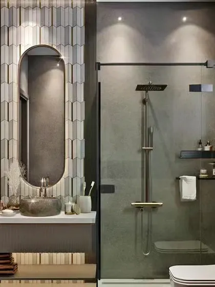 This bathroom features a unique tiled accent wall behind the vanity, a stone vessel sink, and a modern glass shower partition.