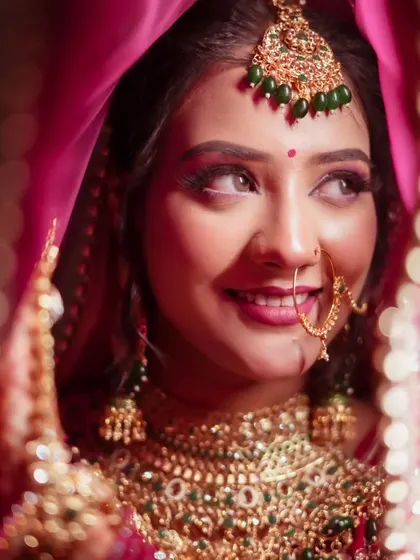 A close-up of a smiling bride, her face framed by a vibrant pink dupatta, creating a soft and joyful portrait.